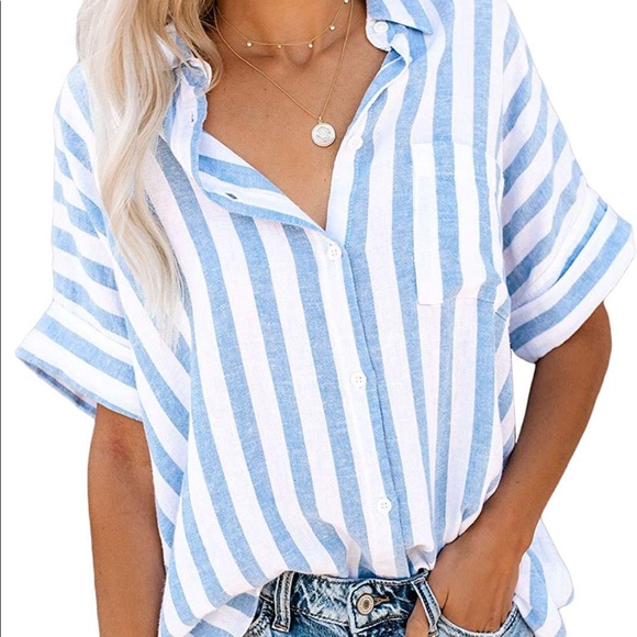 HOTAPEI Tops - HOTAPEI | Summer Blouses Casual V Neck Stripe Short Sleeve Button Down Shirts